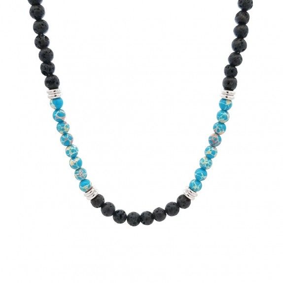 STEEL NECKLACE - TURQUOISE AND BLACK STONES