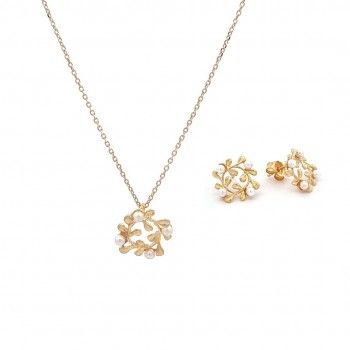 GOLD SILVER PEARLS SET - NECKLACE & EARRINGS FLOWER COLLECTION
