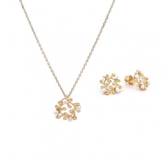 CONJUNTO PRATA DOURADA PROLAS - COLAR&BRINCO COLEO FLOWER