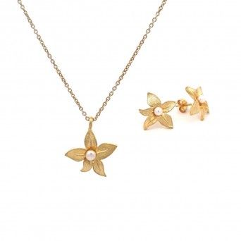 CONJUNTO PRATA DOURADA PROLAS - COLAR&BRINCO COLEO FLOWER