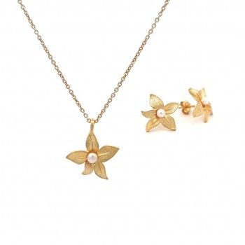 CONJUNTO PRATA DOURADA PROLAS - COLAR&BRINCO COLEO FLOWER