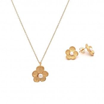 CONJUNTO PRATA DOURADA PROLAS - COLAR&BRINCO COLEO FLOWER