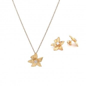 CONJUNTO PRATA DOURADA ZIRCNIAS - COLAR&BRINCO COLEO FLOWER
