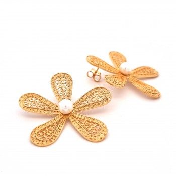 BRINCOS PRATA DOURADA PROLA FILIGRANA - FLOR