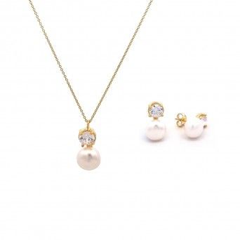 CONJUNTO PRATA DOURADA PROLAS E ZIRCNIAS - COLAR&BRINCO COLEO FLOWER