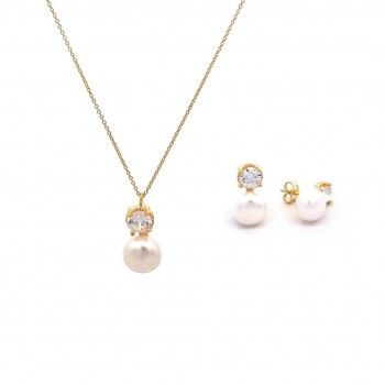 CONJUNTO PRATA DOURADA PROLAS E ZIRCNIAS - COLAR&BRINCO COLEO FLOWER
