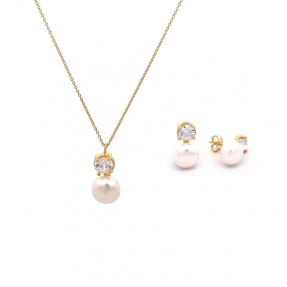 CONJUNTO PRATA DOURADA PROLAS E ZIRCNIAS - COLAR&BRINCO COLEO FLOWER