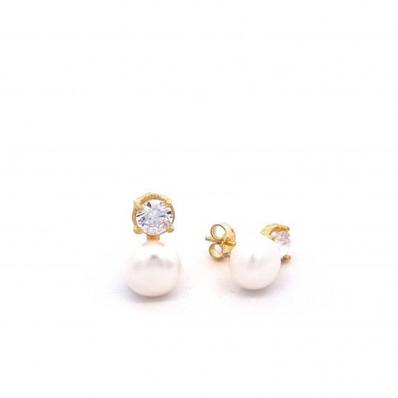 CONJUNTO PRATA DOURADA PROLAS E ZIRCNIAS - COLAR&BRINCO COLEO FLOWER