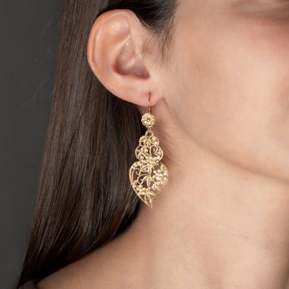 BRINCOS PRATA DOURADA FILIGRANA - CORAO DE VIANA